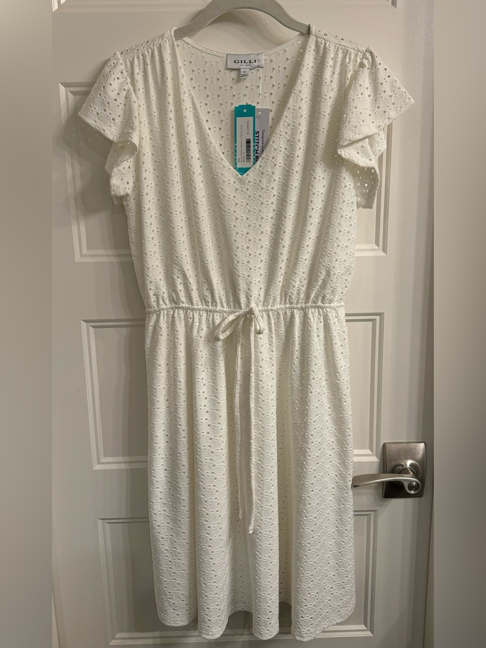 NWT Gilli White Eyelet V-Neck Drawstring Mini Dress- Small